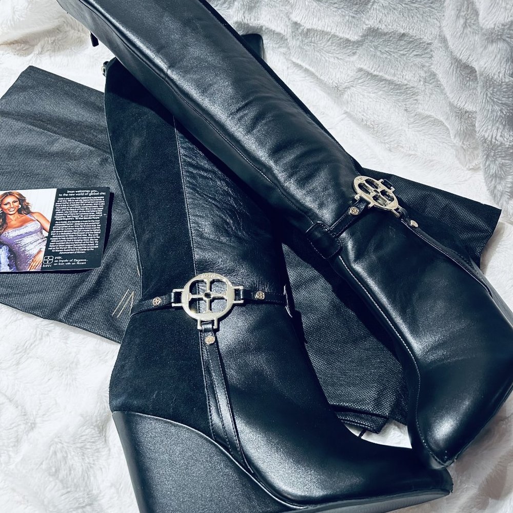 Iman Leather Suede Knee Length Wedge Boot